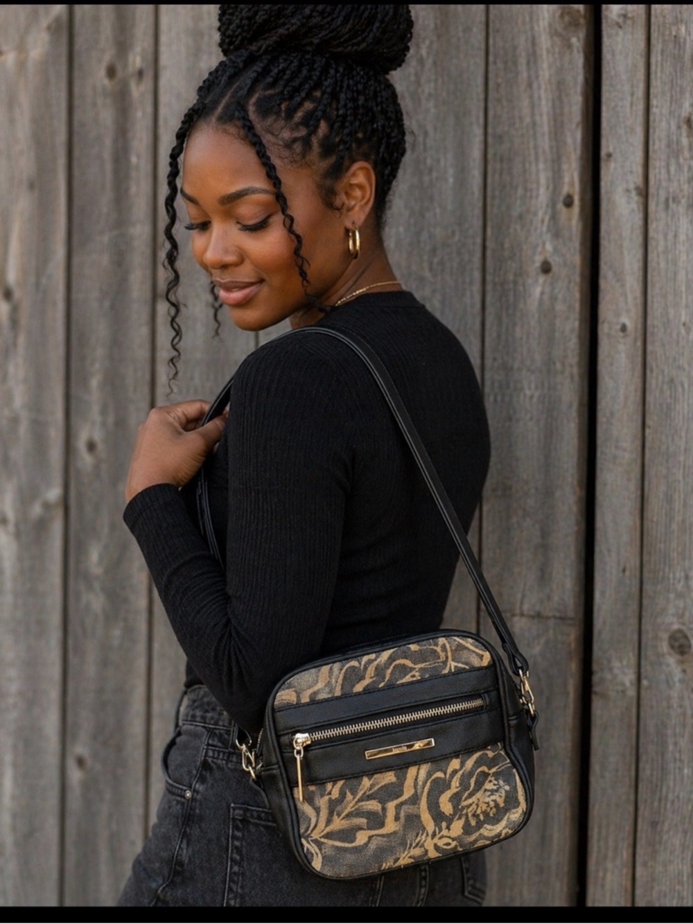 Kensie Black & Tan Floral Crossbody Purse